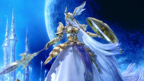 FFXIV patch notes 6.31: New Omega Protocol raid, Warrior bug fix: A huge woman wearing a white dress with long white hair blowing behind her has a set of golden armour and a helmet with golden spikes and wings stands holding a shied backwards pointing a sword downwards on a celestial background