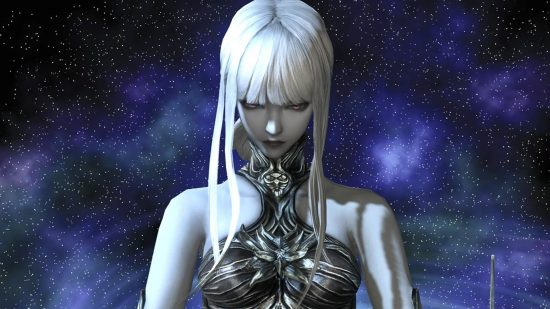 UNNAMED win FFXIV Race to World First, but there's an issue, again: A pale woman with white long hair looking down wearing a black halter neck shirt on a space background