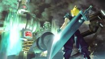 Final Fantasy 7 original is about to become fully voice-acted. A soldier with blonde hair and a huge sword stands in front of a futuristic power plant in RPG game Final Fantasy 7