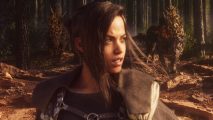 The Forspoken reviews are out, and we suggest trying the free PC demo: A young black woman with black hair falling over her face looks off to the right as a mutated horse-like animal stands in the background in front of a forest