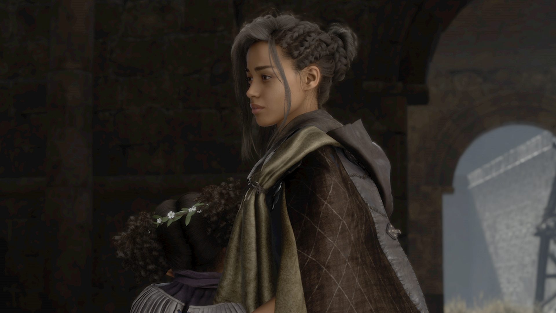 Forspoken system requirements: side view of Frey Holland wearing brown cape