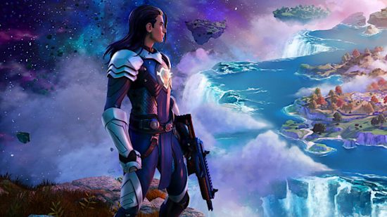 Fortnite Chapter 4 Season 2 - a player with long black hair holding a machine gun. He is standing on a rock looking at the island, which is floating in space.
