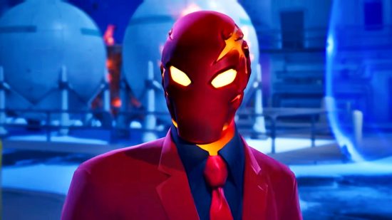Fortnite hurdling disabled - a firgure in a red suit, tie, and face mask
