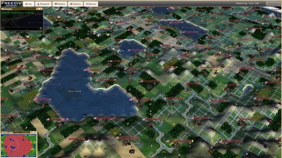 Примерна снимка отгоре надолу от 4x игра Freeciv, показваща градове, зеленина в американските щати