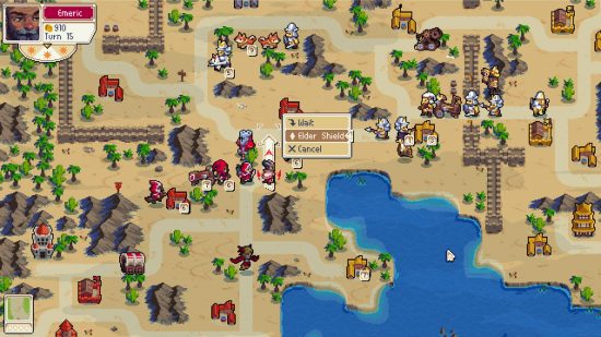 Games like Fire Emblem: The top-down view of a battle in Wargroove, taking place on a desert
