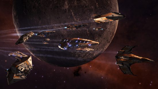 Games zoals Starfield - Elite Dangerous: een vloot van ruimteschepen die langs een planeet vliegen