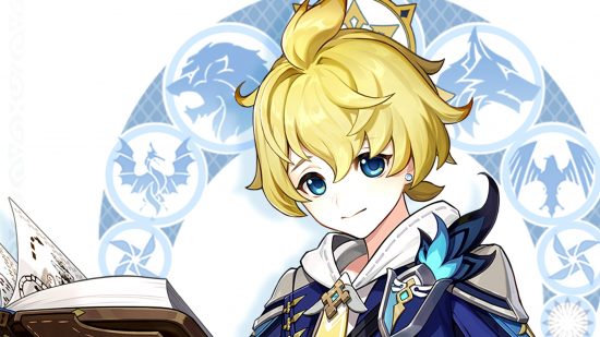Genshin Impact Mika banner and abilities: The Cryo character Mika, a young blonde haired boy, reads a book