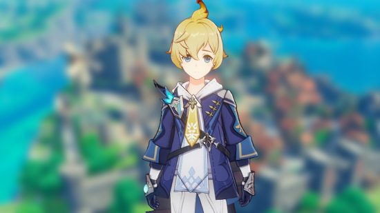 Genshin Impact Mika best build: Mika standing in front of a blurred picture of Mondstadt