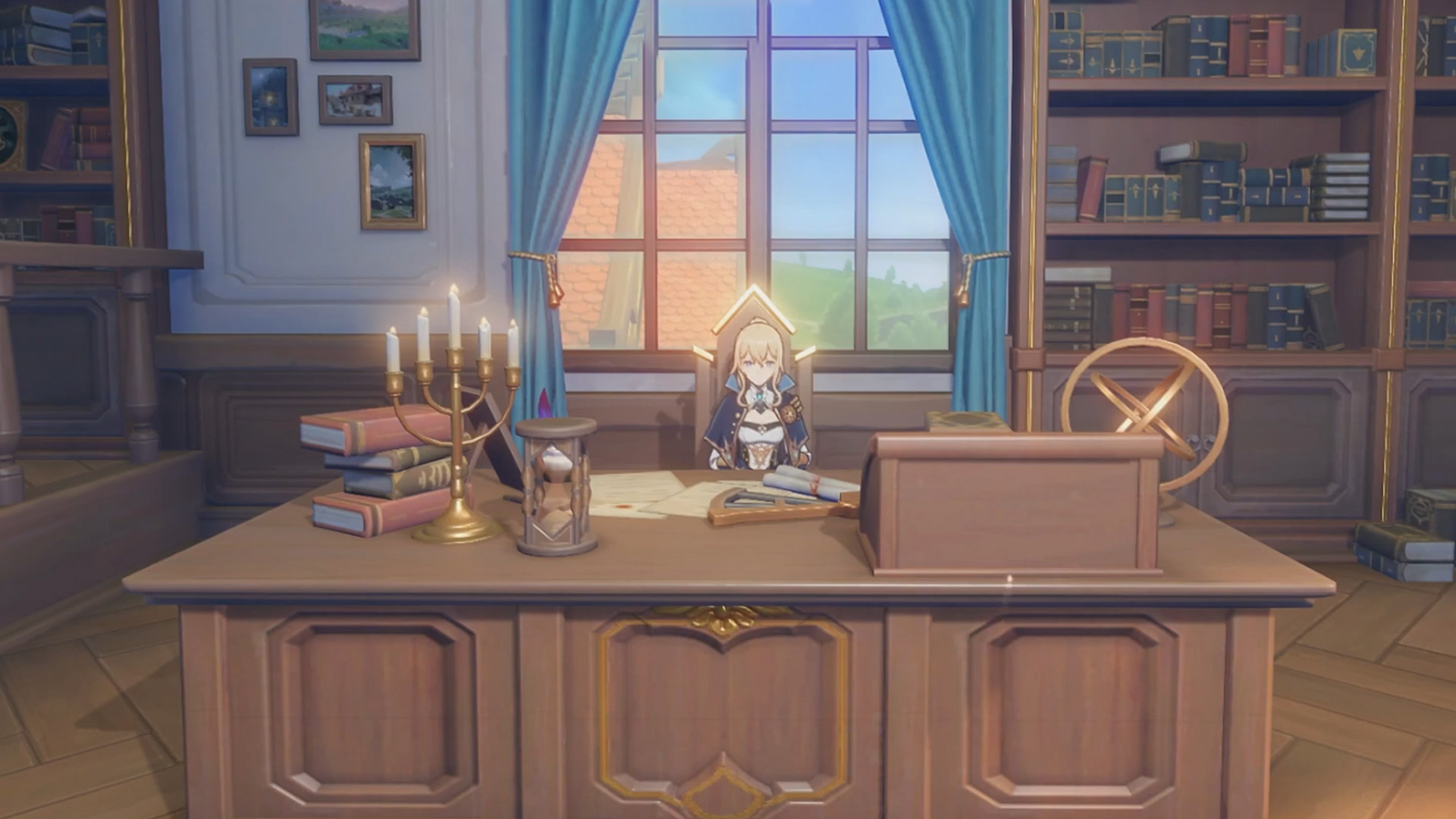 Genshin Impact Nouveaux personnages: Lisa assise dans la salle des Chevaliers de Favonius