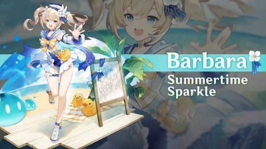 Genshin Impact outfits: Barbara wearing her Summertime Sparkle skin next to several rubber ducks