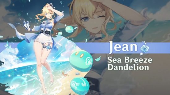 Genshin Impact skins: Jean standing on a beach wearing her summertime Sea Breeze Dandelion outfit