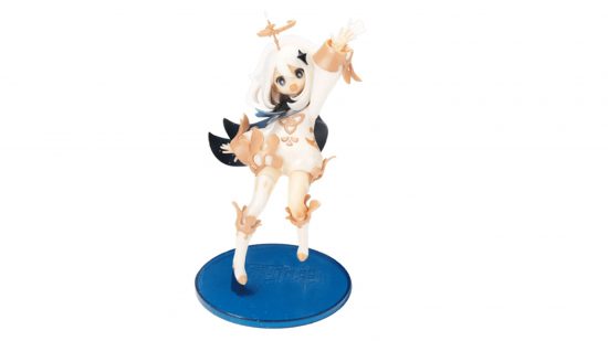 Genshin Impact support group rewards kind players with Paimon figure: A statue of an anime girl with white hair and a golden halo-style crown punching the air on a white background
