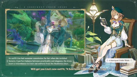 Genshin Impact outfits - Lisa A Sobriquet Under Shade, Lisa sits in a new green and white skin