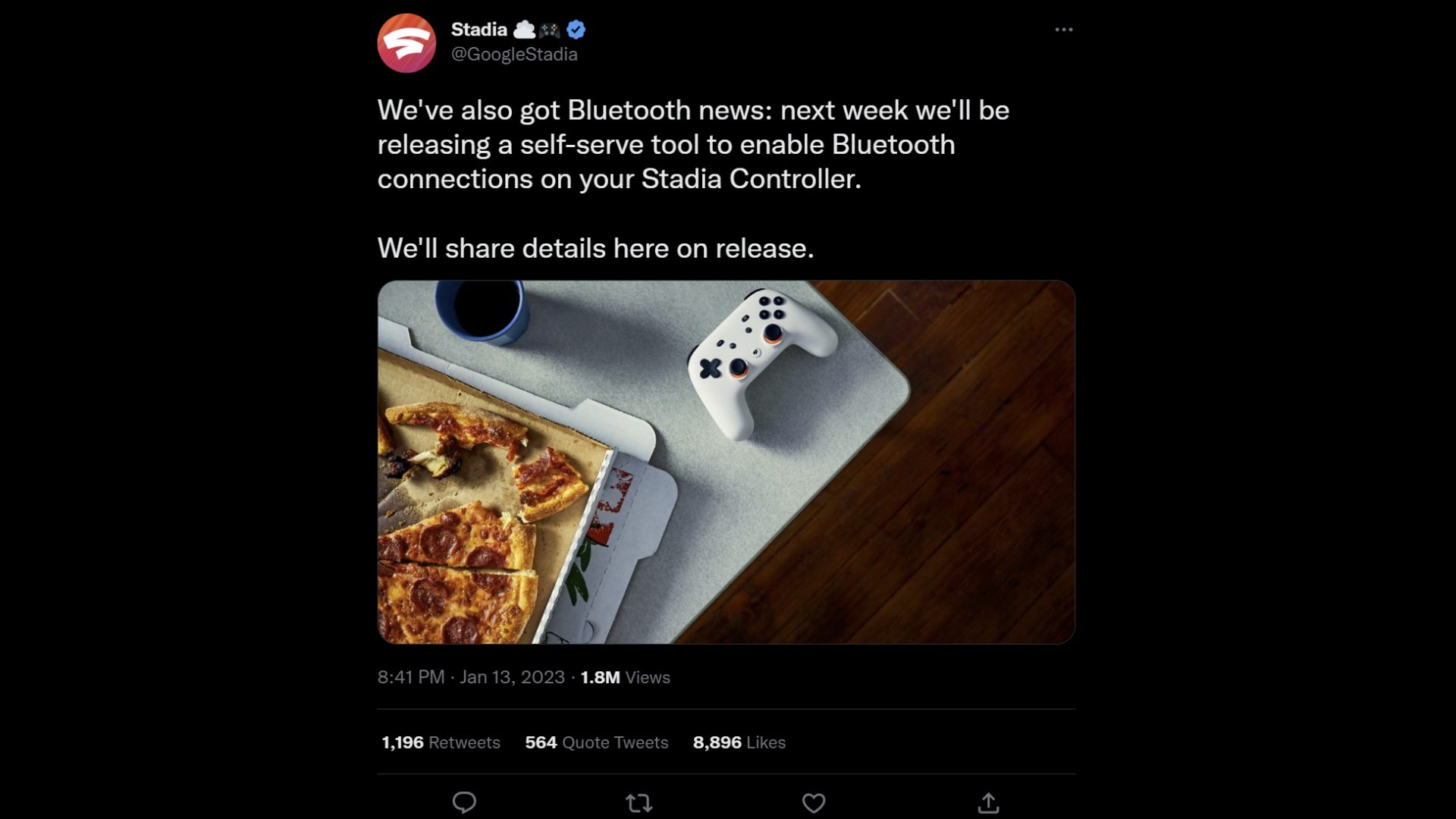 Tweet from Google Stadia account announcing bluetooth controller update