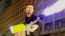 GTA Definitive Edition has less than 1,500 Steam players, still buggy. A man in a leather jacket, Claude from GTA 3, fires a flamethrower