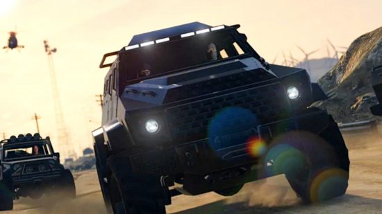 GTA Online weekly update - two HVY Insurgents drive down a dirt track away from a helicopter