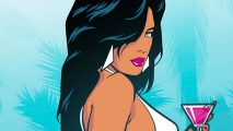 GTA Trilogy gets mysterious Steam updates ahead of Epic release: A tanned cartoon woman with long black hair holds a cocktail in a triangular glass wearing a white bikini looking over her shoulder her face obscured by her hair