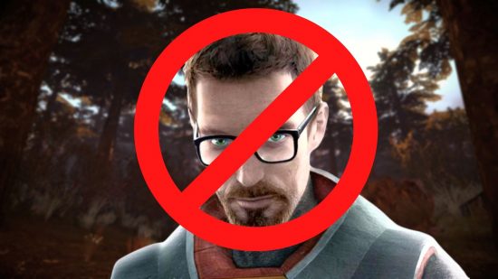 Half-Life 2 free Steam add-on has you fight with no Freeman or crowbar: a blurred forest background, with a man with a beard and glasses in the foreground with a red circle and a line through it in front of his face