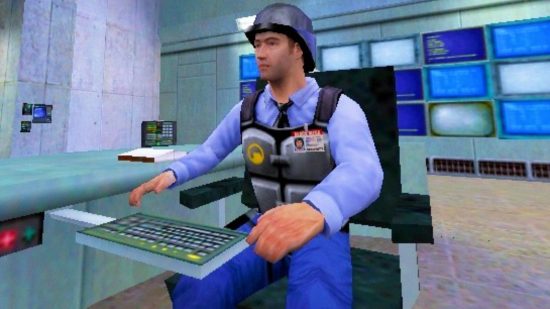 New Half-Life “campaign” pieced together following huge Valve leak. A security guard in a blue uniform and body armour sits at their desk in Valve FPS game Half Life