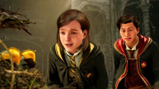 Hogwarts Legacy companions: A Gryffindor player character stands behind Hufflepuff companion Poppy Sweeting