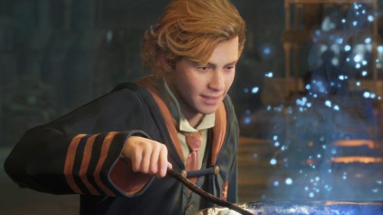 Hogwarts Legacy, the new Harry Potter game, comes with Denuvo on Steam. A youg wizard experiments with potions in Harry Potter game Hogwarts Legacy