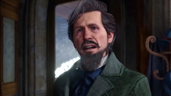 A gentleman with black hair and a black beard and moustache looks at the camera with an open mouth: Here's the very best deal to buy Hogwarts Legacy on PC today