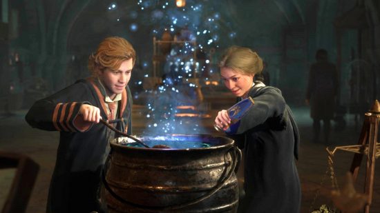 Hogwarts Legacy potions: two children pour ingredients into a steaming cauldron