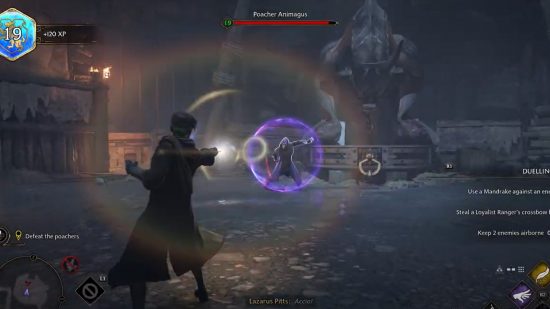 Hogwarts Legacy preview: Player character wizard duelling a wizard wearing a mask and a dark cloak in front of a caged dragon