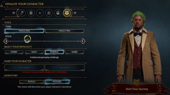 The Hogwarts Legacy character creation screen featuring a black boy with bright green hair wearing a brown coat with a red waistcoat and white shirt underneath