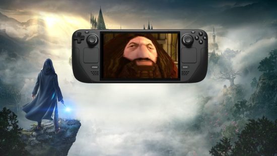 Hogwarts Legacy Steam Deck verified: Key art with school in backdrop and floating Valve handheld with PS1 Hagrid on screen