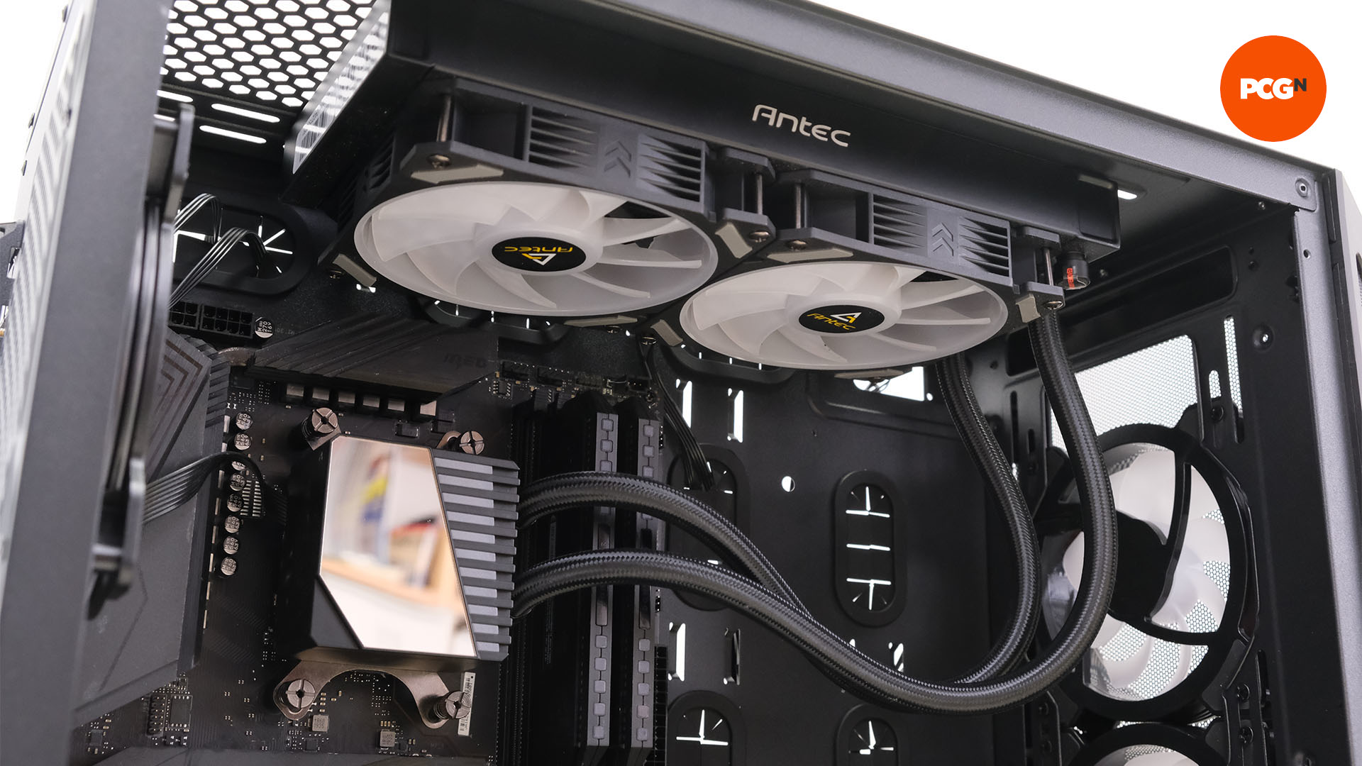 The AIO radiator is mounted to the top of the PC case