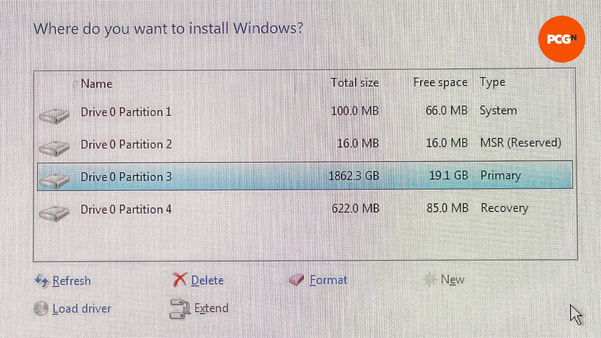 A window which asks the user which drive they want to install windows on
