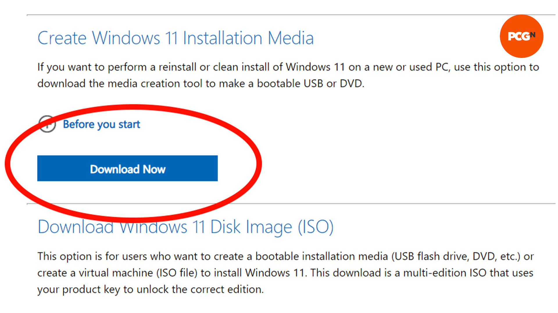 The Windows 11 media creation tool website