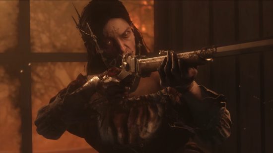 Hunt Showdown Inferno schedule: An ominous, undead woman readies a vintage rifle in a 19th-century building as the window looks out onto an orange blaze