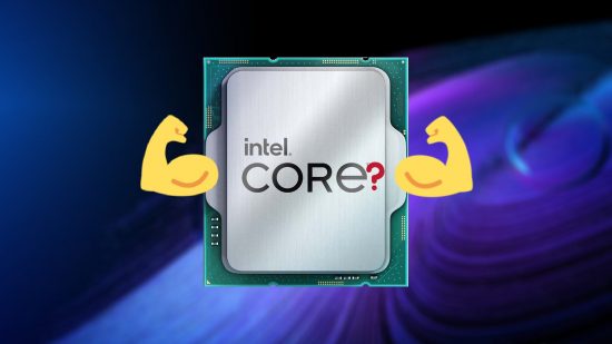 Intel 6Ghz gaming CPU: Generic chip with strong arm emojis on each side and question mark next to 'Intel Core'
