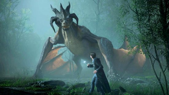 Is Hagrid in Hogwarts Legacy: a wizard stands before a huge dragon in a forest