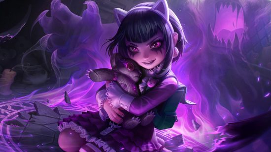 League of Legends champions may cost less in future, Riot says: A little girl with black hair in a bob wearing cat ears in a black frilled dress hugs a bear to her chest surrounded in deep purple mist