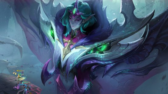New League of Legends champions bring the monster in 2023: A giant female stands above two small fighters wearing green and silver armour with blue hair
