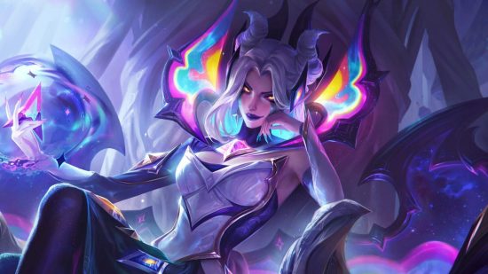 League of Legends events are "bland" Riot agrees, but change is coming: A woman with white hair that forms two twisted horns on her head rests her head on her right hand surrounded by purple smog casting a purple and blue orb, wearing a white bodice that extends into a high necked rainbow garb