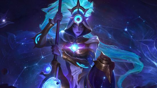 League of Legends jungle pets are the "emotional support" we needed: A woman crouched on one knee on a starry backdrop with her eyes closed leaning on a spear as blue wispy hair in a ponytail fans out behind her