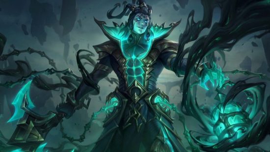 League of Legends patch 13.3 will buff all-in supports, finally: A ghostly man holding a green sickle and an old, warped looking lantern wearing a black high collared coat stands against a grey and black background with huge horns