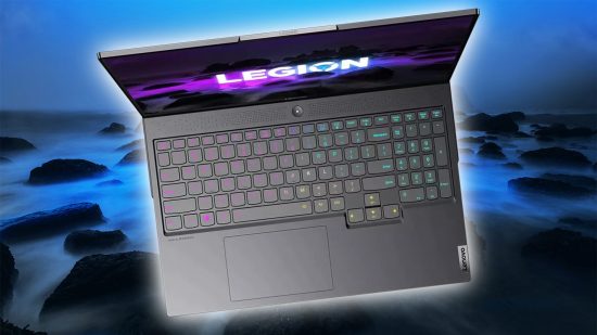 Lenovo Legion gaming laptop with keyboard facing camers and misty rocks in backdrop