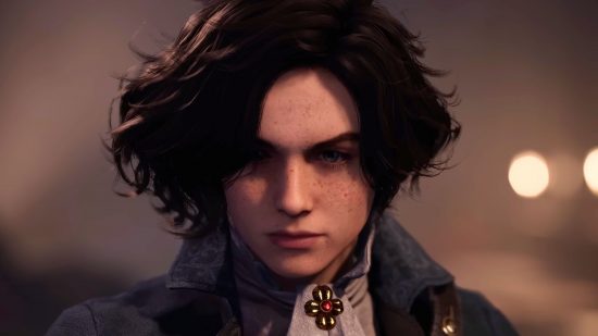 Pinocchio clashes with a giant police bot in new Lies of P 8K gameplay: a teenage looking boy with long black hair and a sort of aristocratic French outfit