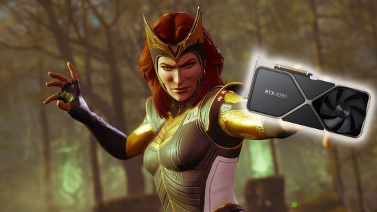 Marvel's Midnight Suns Nvidia DLSS 3: Scarlet Witch facing camera holding glowing RTX 4090