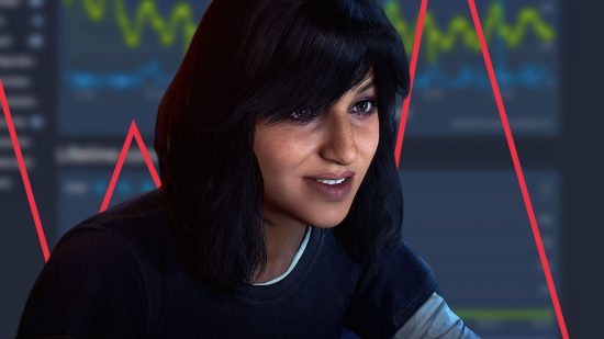 Avengers game shutting down as Steam sale makes singleplayer worthy: Kamala Khan sat in front of the steam data and a red line graph