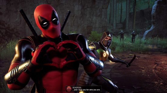 Midnight Suns Deadpool DLC: a man dressed in red and black makes a heart sign with his hands