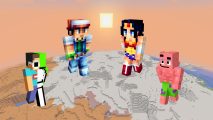 The best cool Minecraft skins: The Dream Team, Ask Ketchum, Wonder Woman, and Patrick Star skins appear above a desert at sunset
