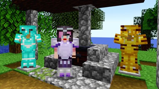 Minecraft armor trims: A player character stands in customised armour alongside two more sets of armour, displayed on armour stands