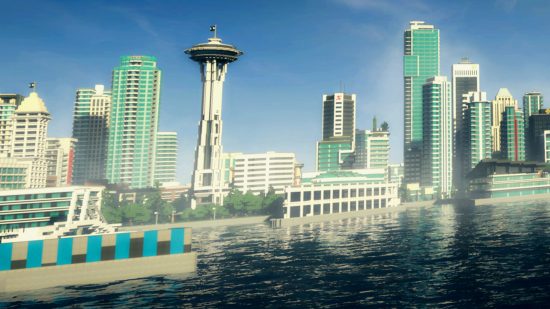 Un horizonte de la ciudad de uno de los mapas más grandes de Minecraft Cities disponibles para descargar y explorar