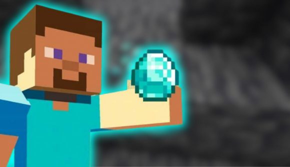 Minecraft diamonds: minecraft steve wears a blue shirt holidng out a blue minecraft diamond on a cave background